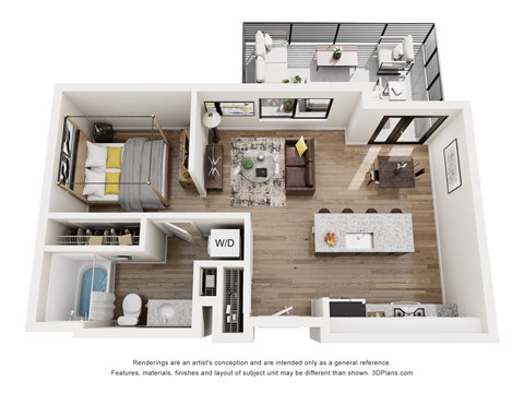 A 3D floor plan of a small apartment with a kitchen, living room, and bedroom.